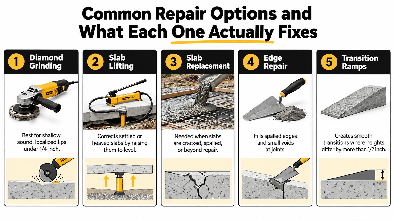 An infographic illustrating five common methods to repair concrete trip hazards, including grinding, lifting, and replacement.