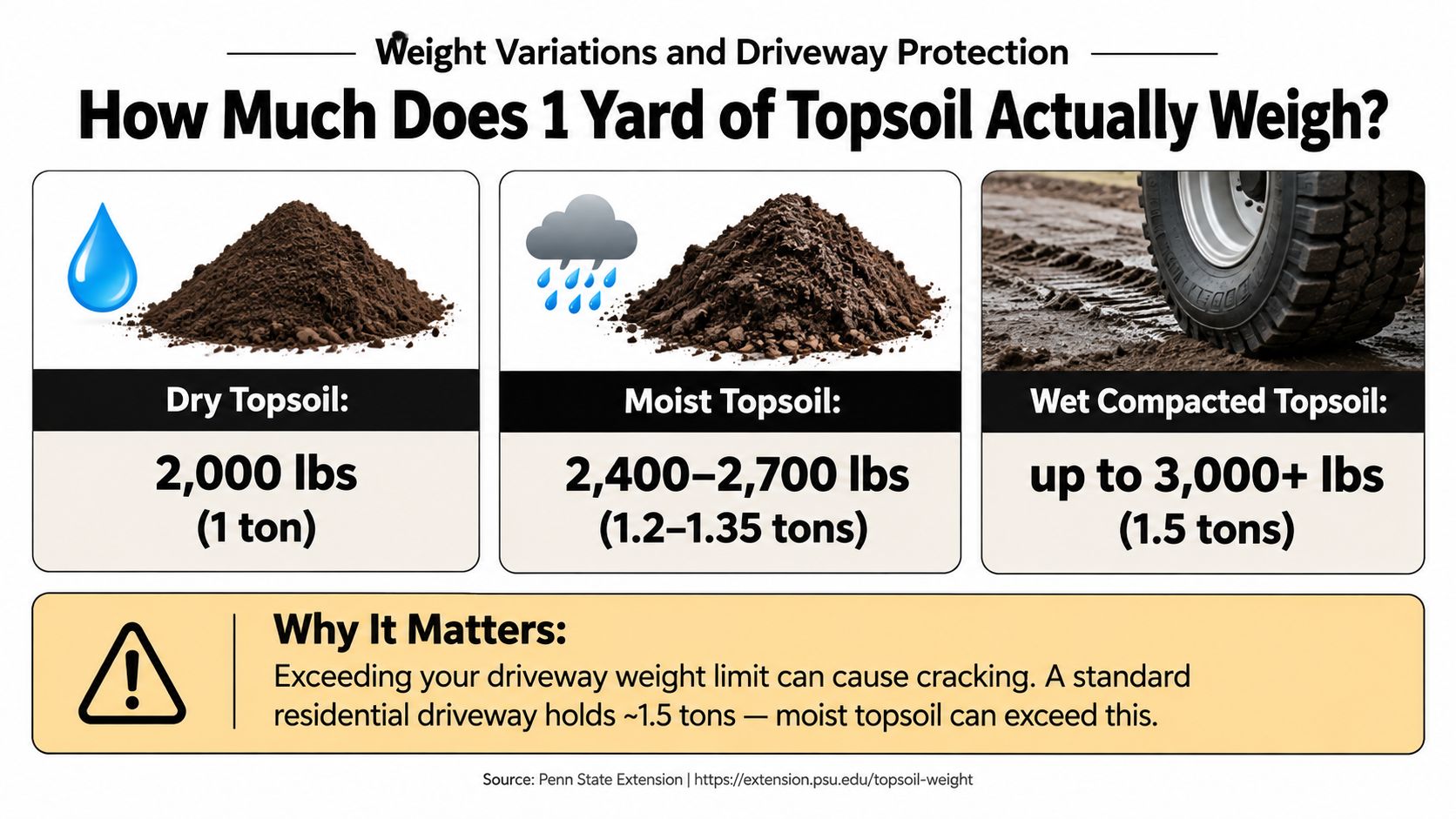 An infographic showing the weight of one yard of topsoil in dry, moist, and wet compacted conditions.