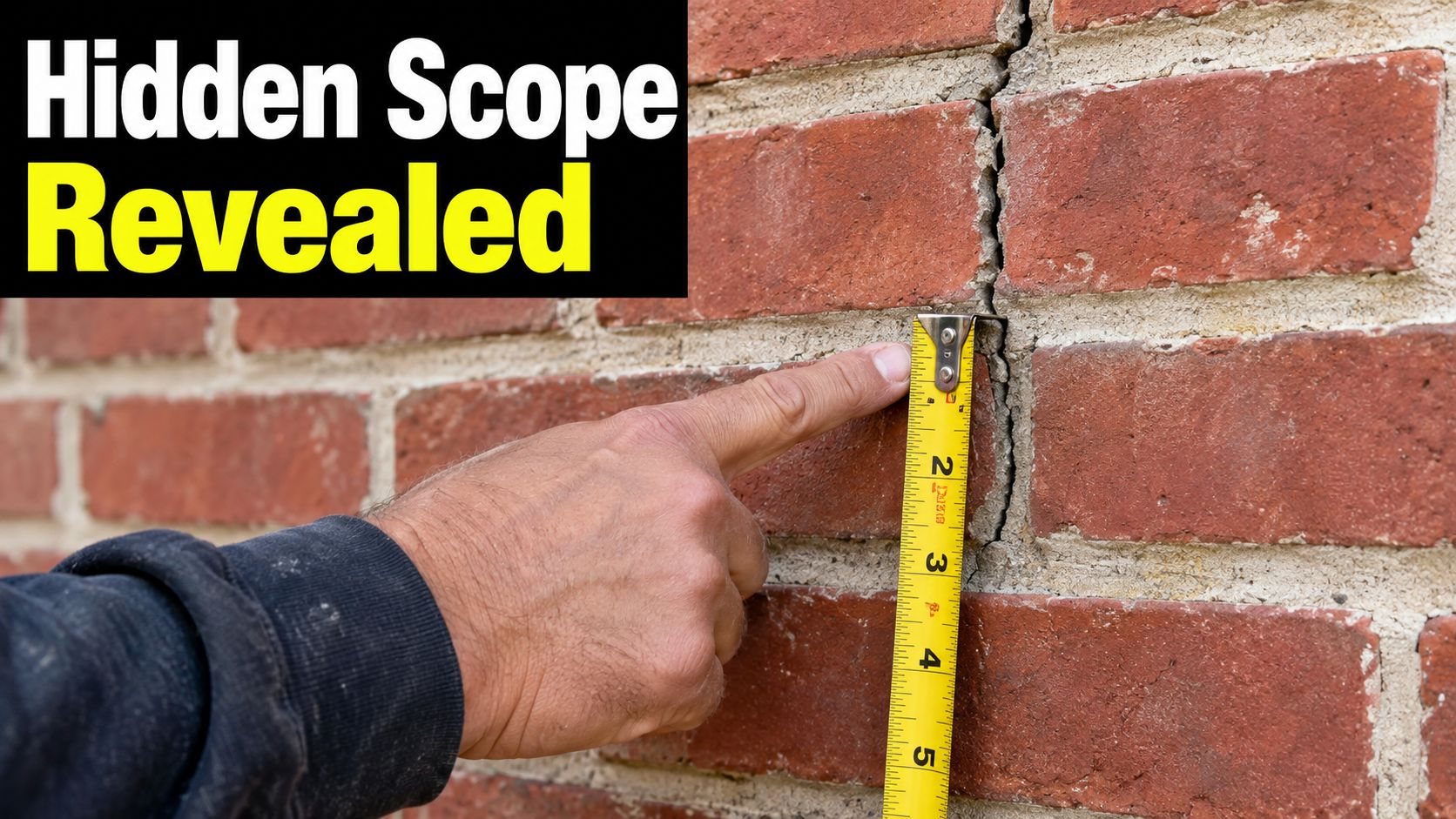 A close-up view of a person using a tape measure to assess a crack in a brick wall.