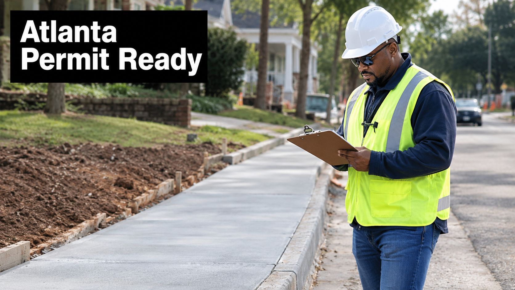 A construction inspector in a hard hat and safety vest reviews plans on a sidewalk construction site.