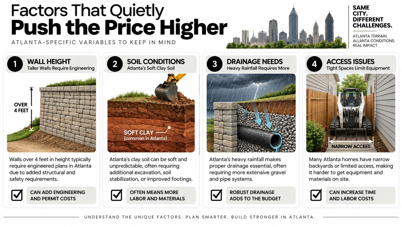 An infographic detailing four factors that influence the cost of building retaining walls in Atlanta.