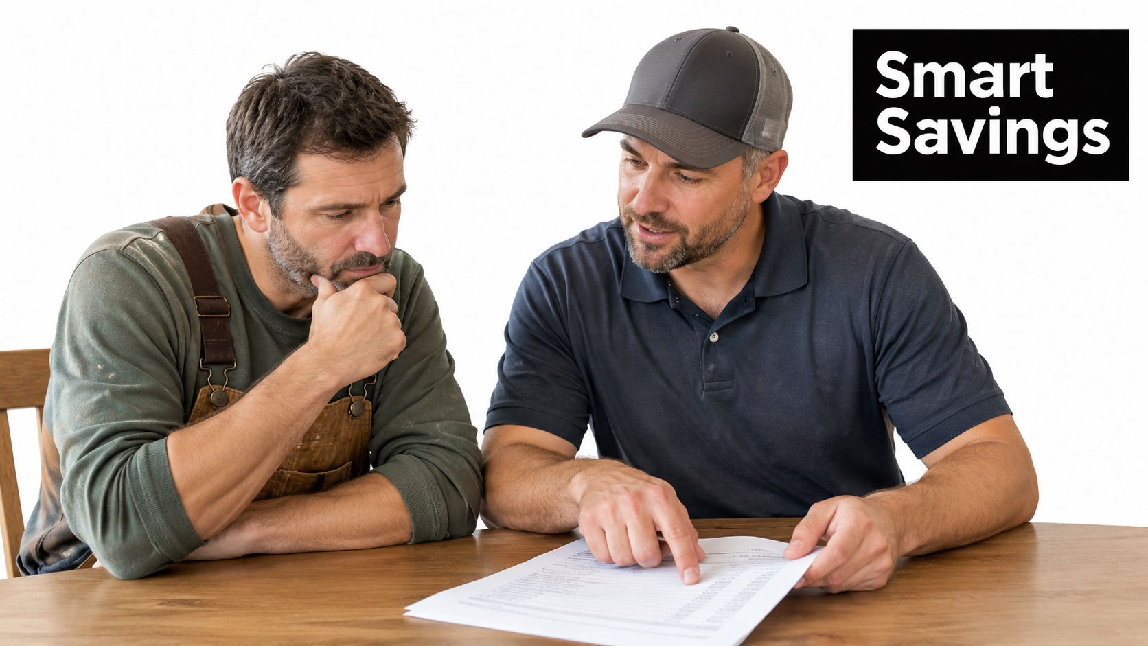 A contractor in a cap discusses a project quote with a homeowner wearing work overalls at a table.
