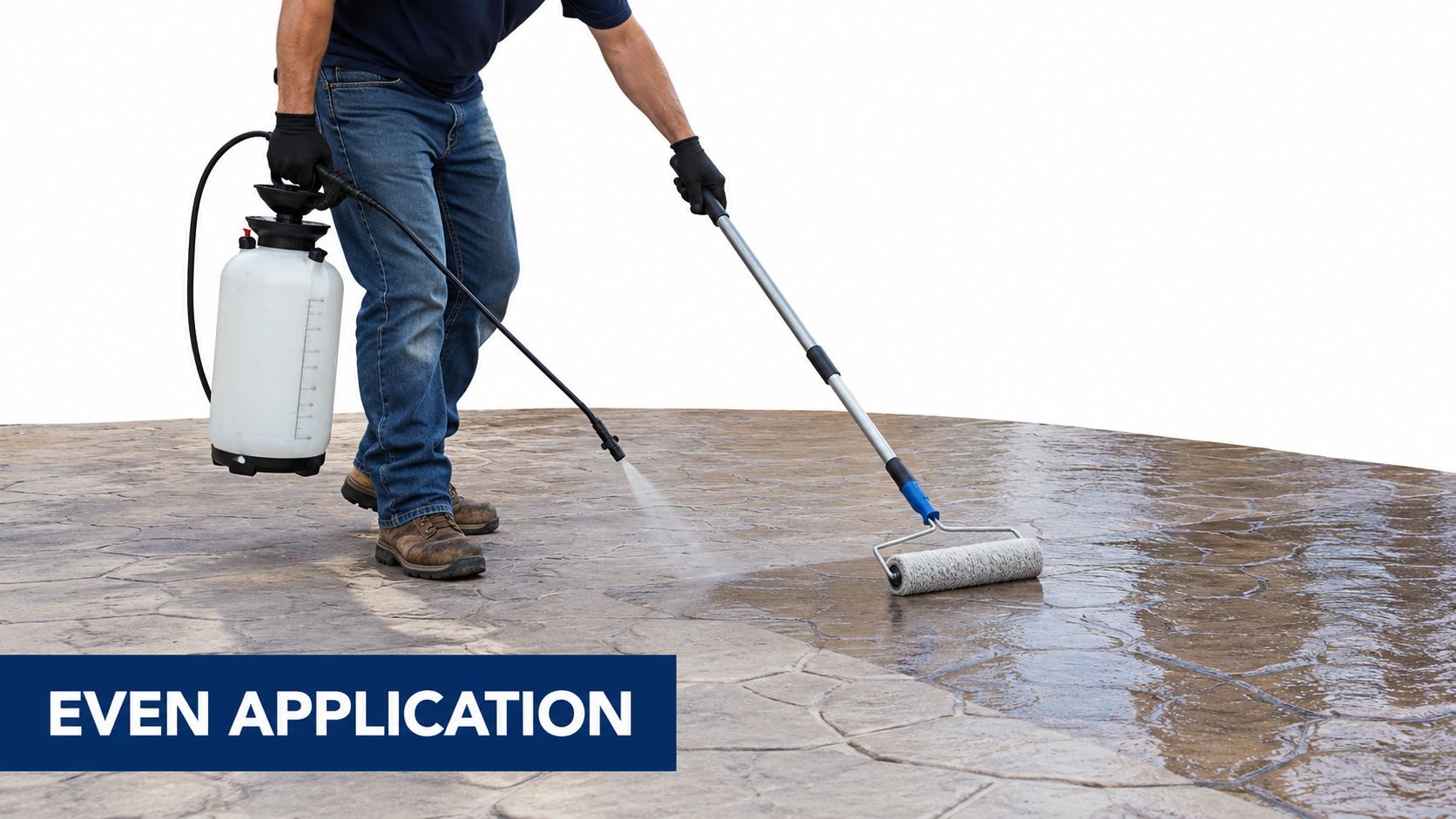 A professional technician applies a sealer to stamped concrete using a handheld pump sprayer and a roller.