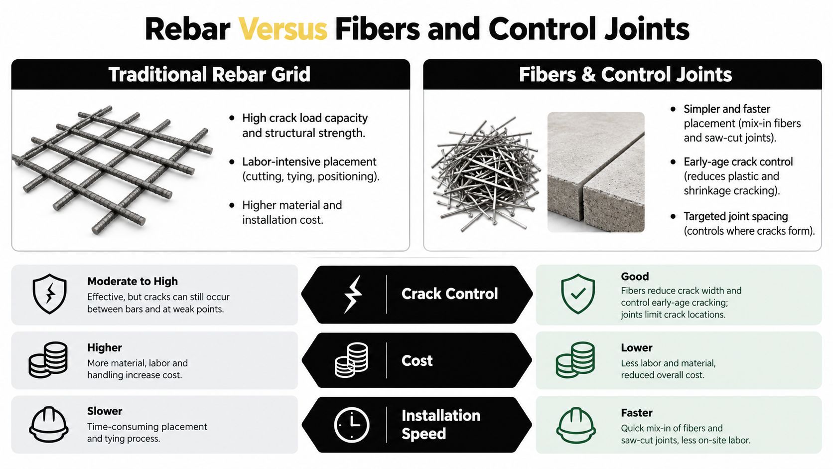 A comparison infographic between traditional rebar grids and concrete fibers with control joints for construction reinforcement.