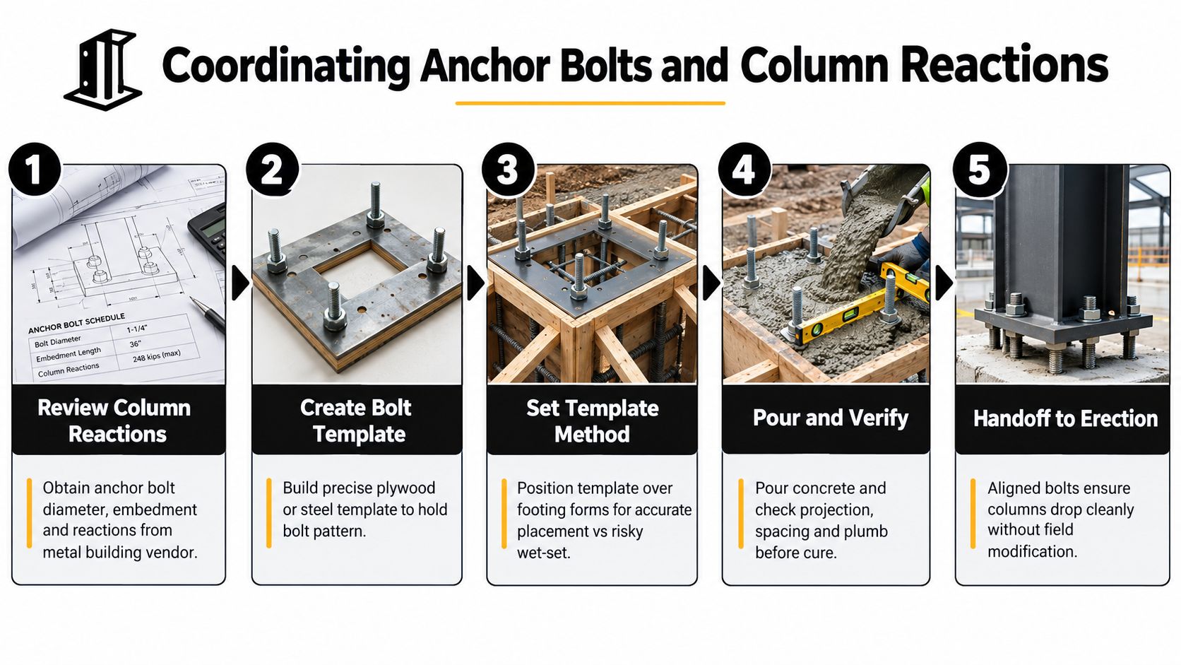 A five-step infographic showing the process of installing anchor bolts for a metal building foundation.