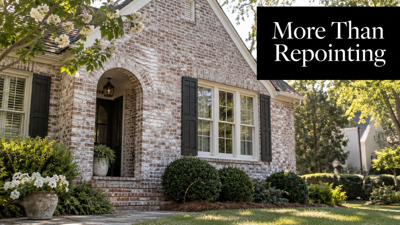A beautiful brick house featuring a classic arched entryway, black shutters, and well-manicured landscaping in the front yard.