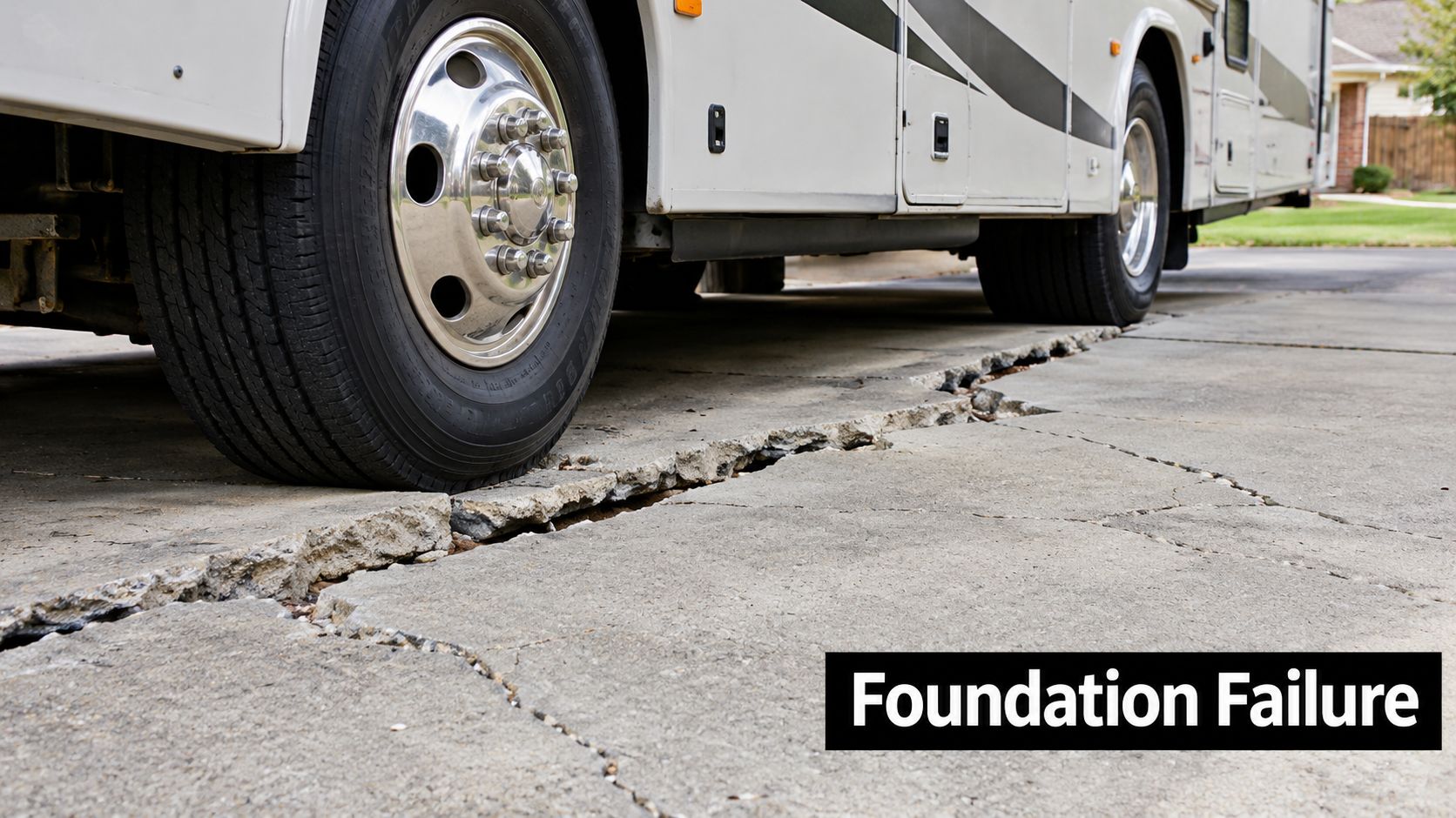 A heavy recreational vehicle parked on a cracked concrete driveway showing signs of significant foundation slab failure.