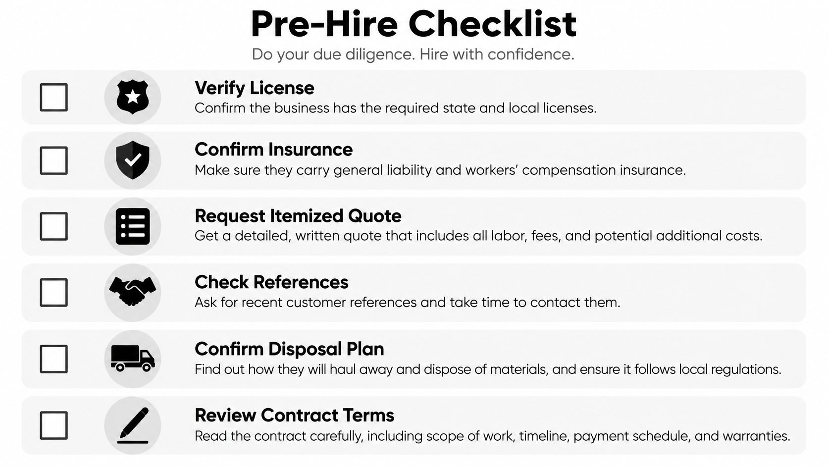 A pre-hire checklist for contractors, outlining essential verification steps like licenses, insurance, quotes, references, disposal, and contracts.