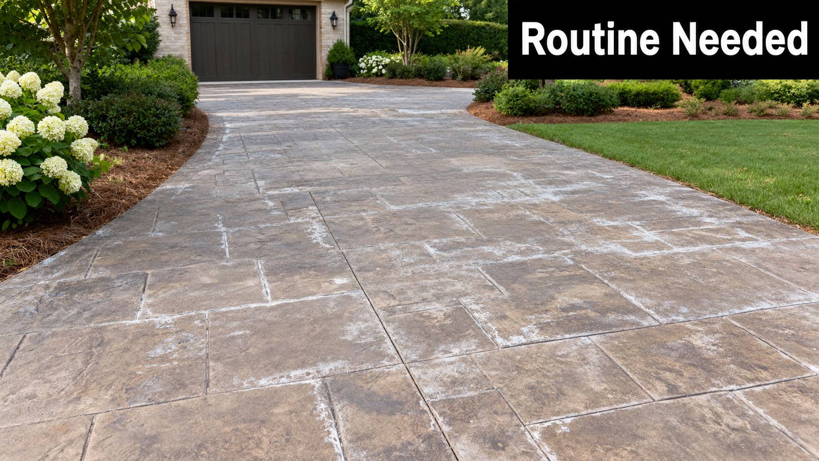 A stamped concrete driveway showing signs of wear and color fading, requiring maintenance and resealing.