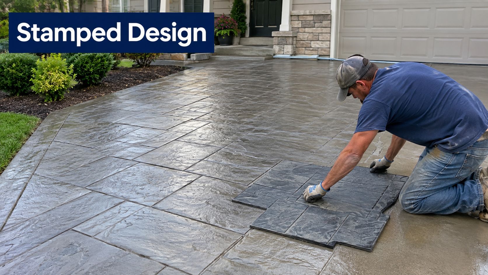 A professional construction worker installing stamped concrete paving tiles on a residential driveway surface.