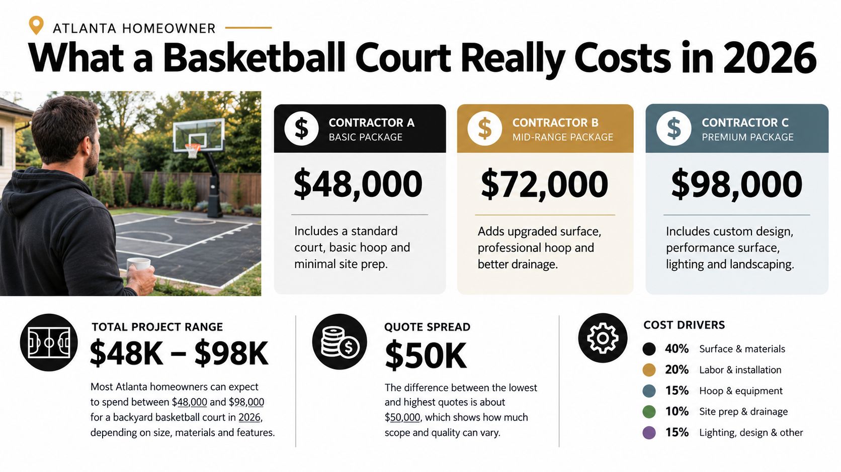 An infographic showing the estimated costs of installing a backyard basketball court in Atlanta for 2026.