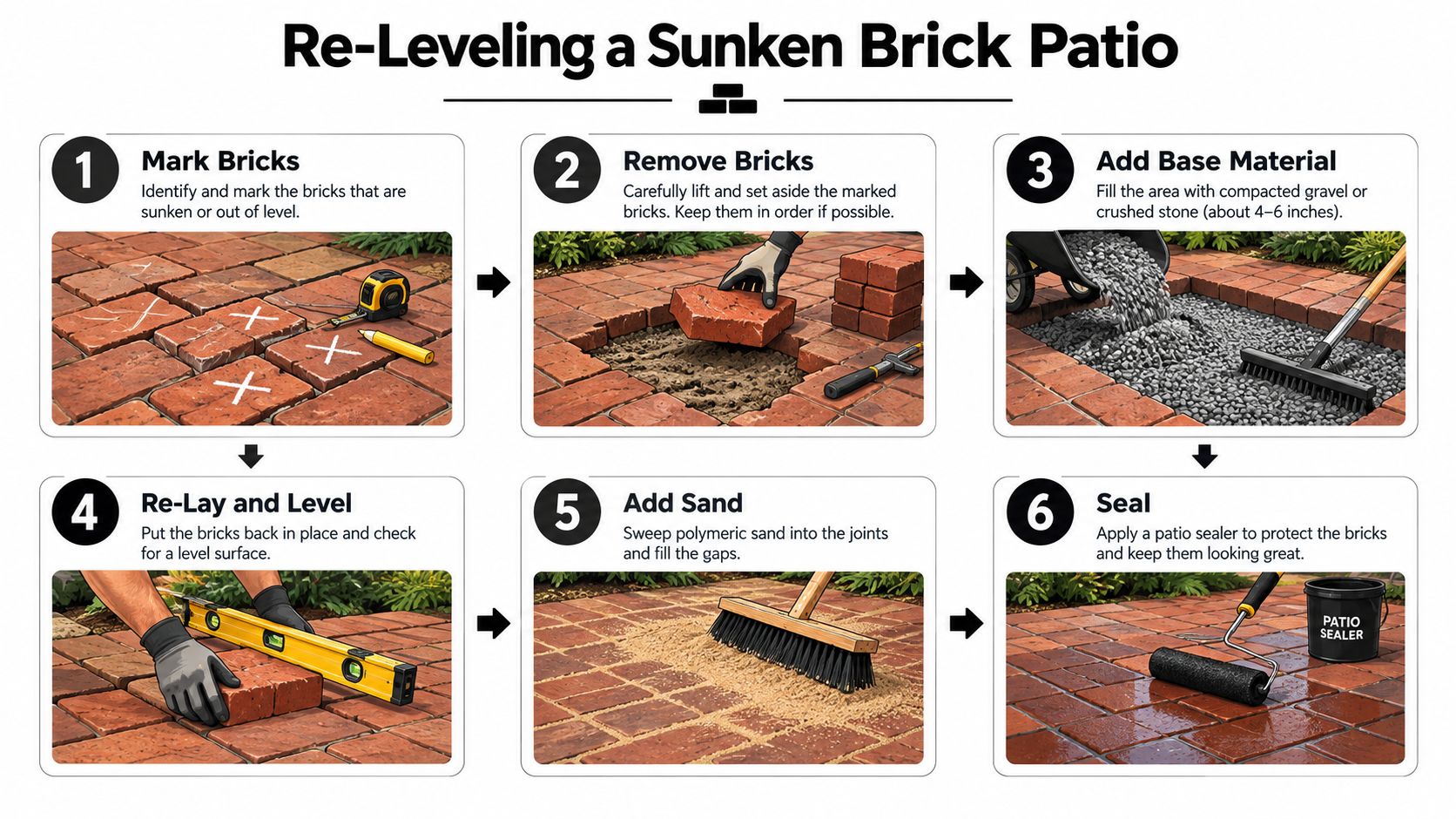 A six-step infographic illustrating the professional process of re-leveling a sunken brick patio using standard tools.