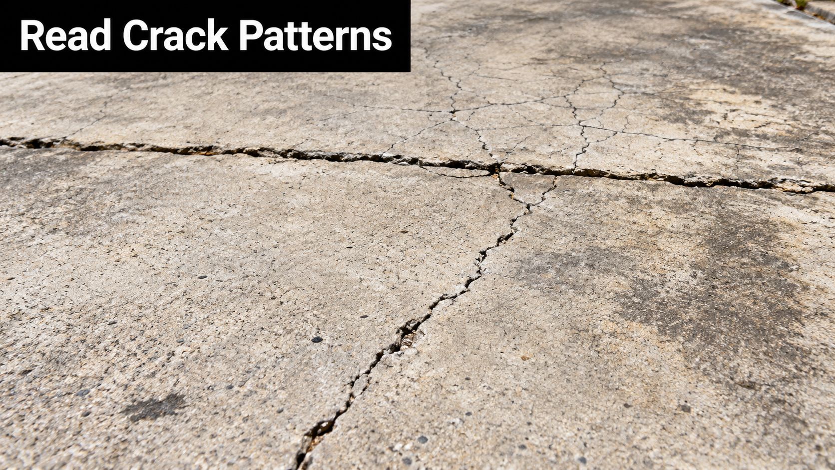 A close-up view of a damaged, weathered concrete driveway with prominent deep cracks and fissures.