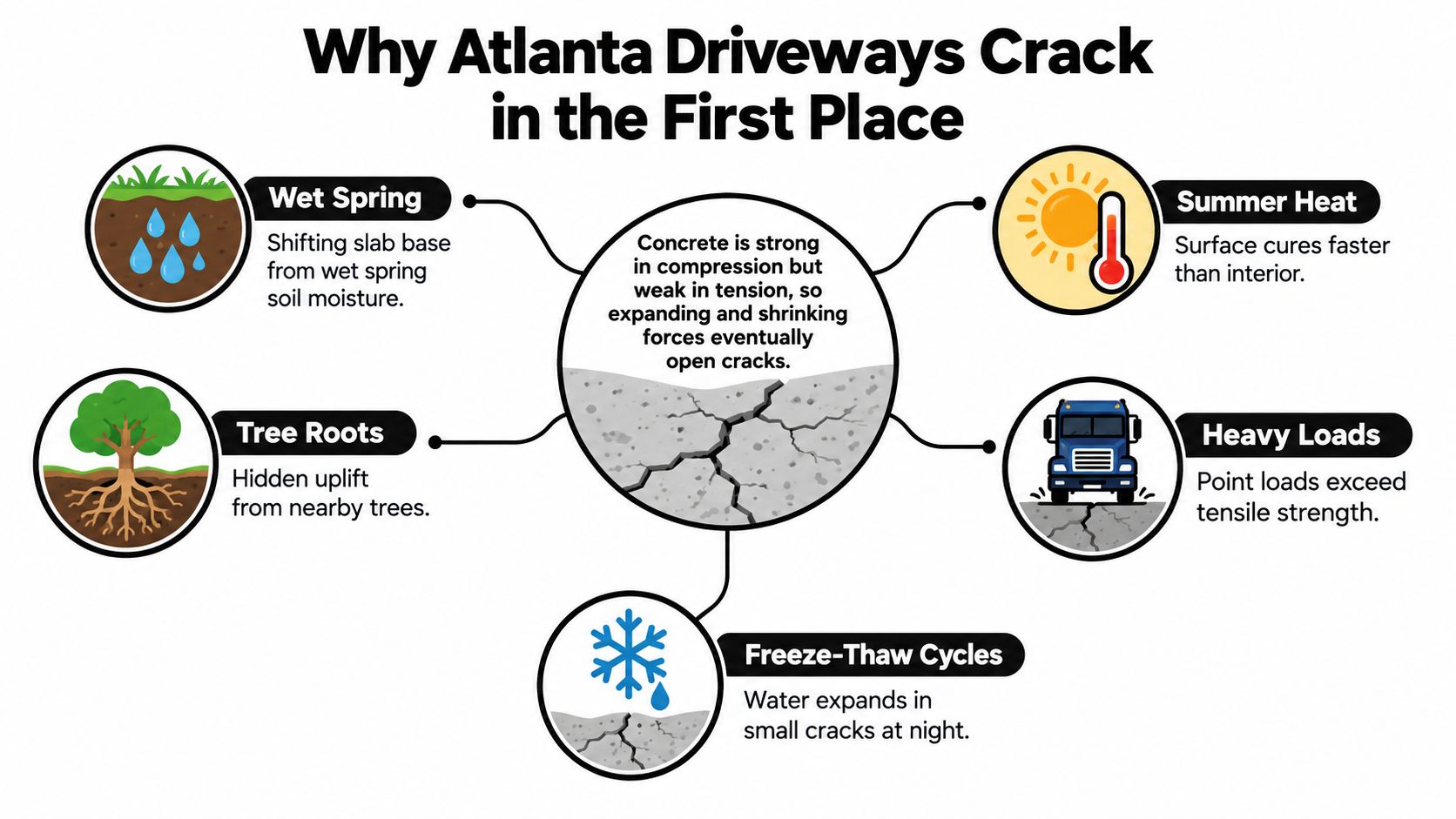 An infographic showing five main environmental and physical causes for concrete driveway cracking in Atlanta.