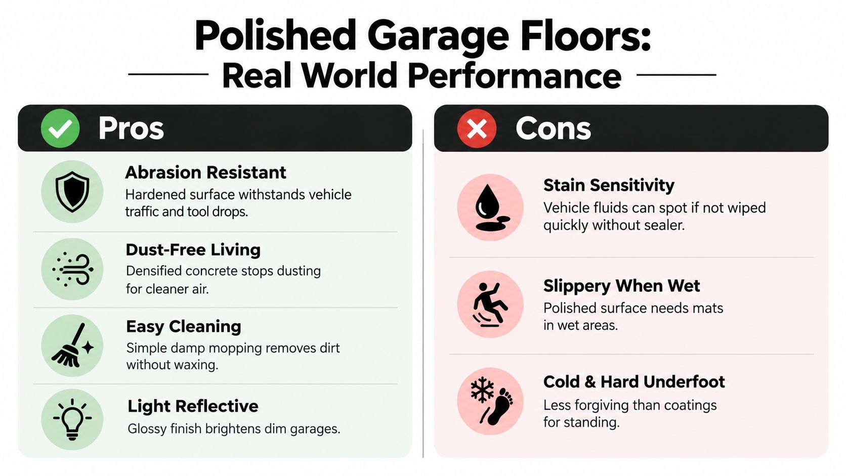 A comparison chart showing the pros and cons of polished concrete garage flooring options for homeowners.
