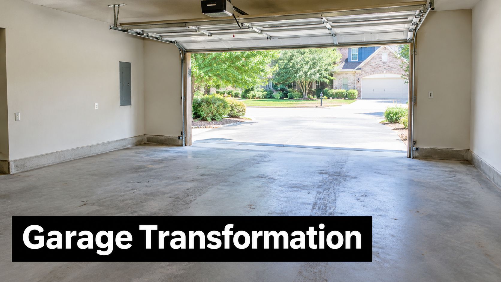 An empty, clean, two-car garage with white walls and unfinished concrete flooring during the day.