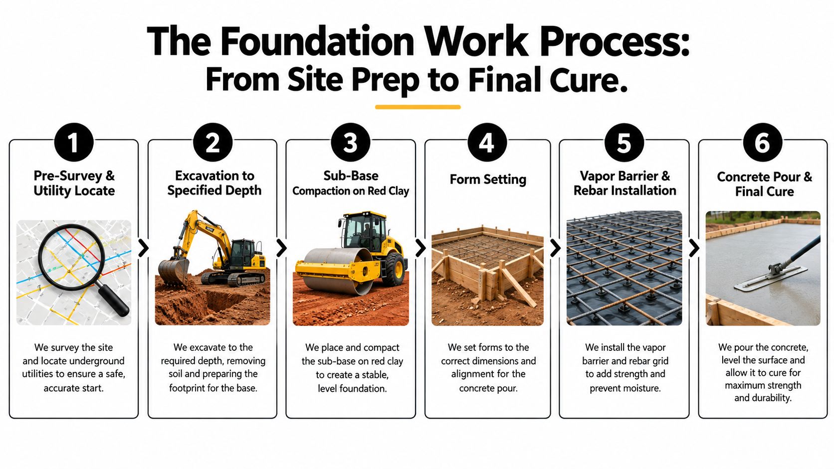 A step-by-step infographic illustrating the six-stage professional construction process for building a residential concrete foundation.