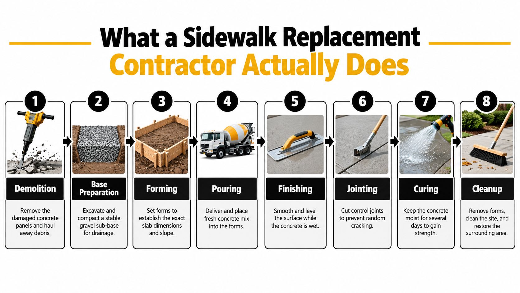 An infographic detailing the eight essential steps a sidewalk replacement contractor follows during a construction project.