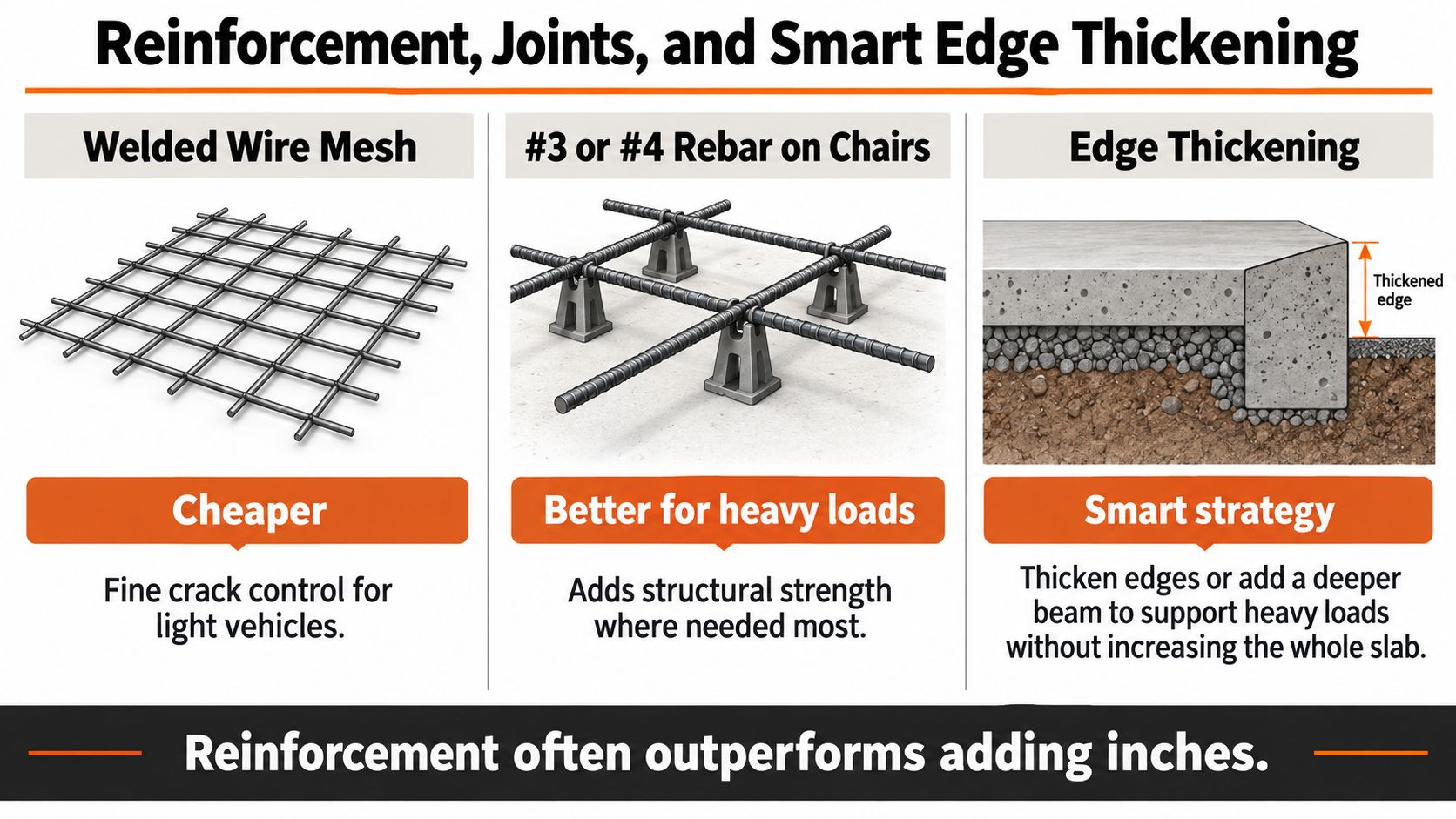 A diagram comparing construction reinforcement techniques including welded wire mesh, rebar on chairs, and edge thickening for concrete slabs.