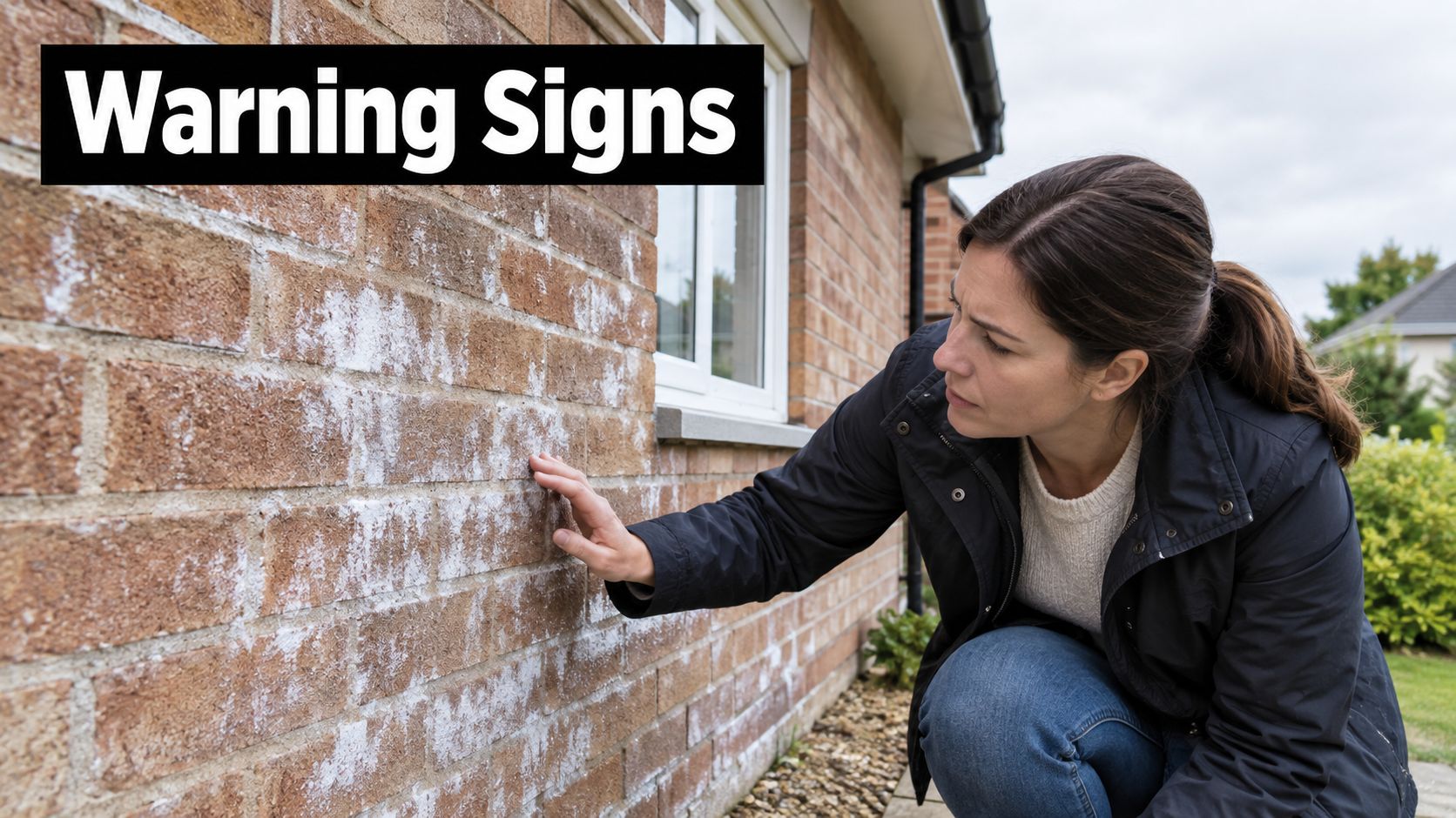 A concerned woman examines efflorescence appearing as white salt deposits on the exterior brick wall of a house.