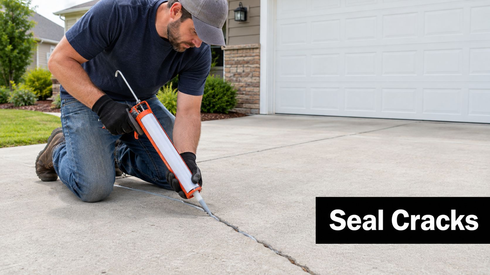 A man wearing a hat and gloves uses a caulk gun to repair cracks in a concrete driveway.