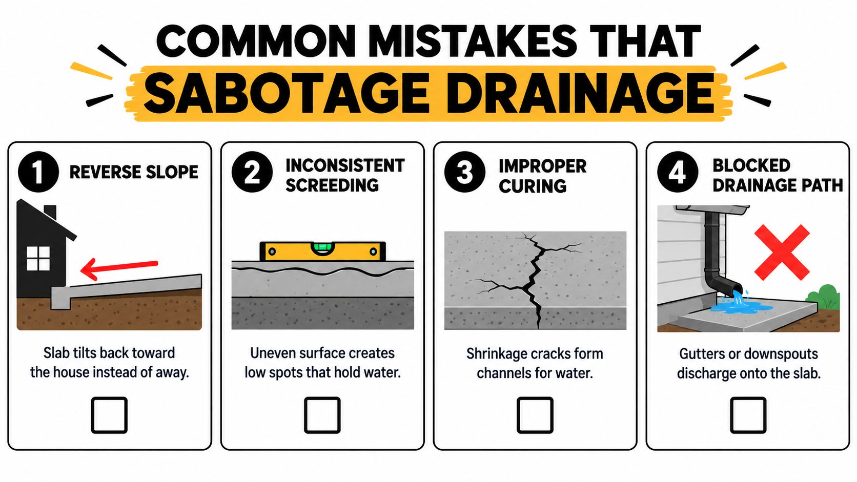 An infographic showing four common mistakes that sabotage drainage for concrete slabs, including slope, screeding, and curing issues.