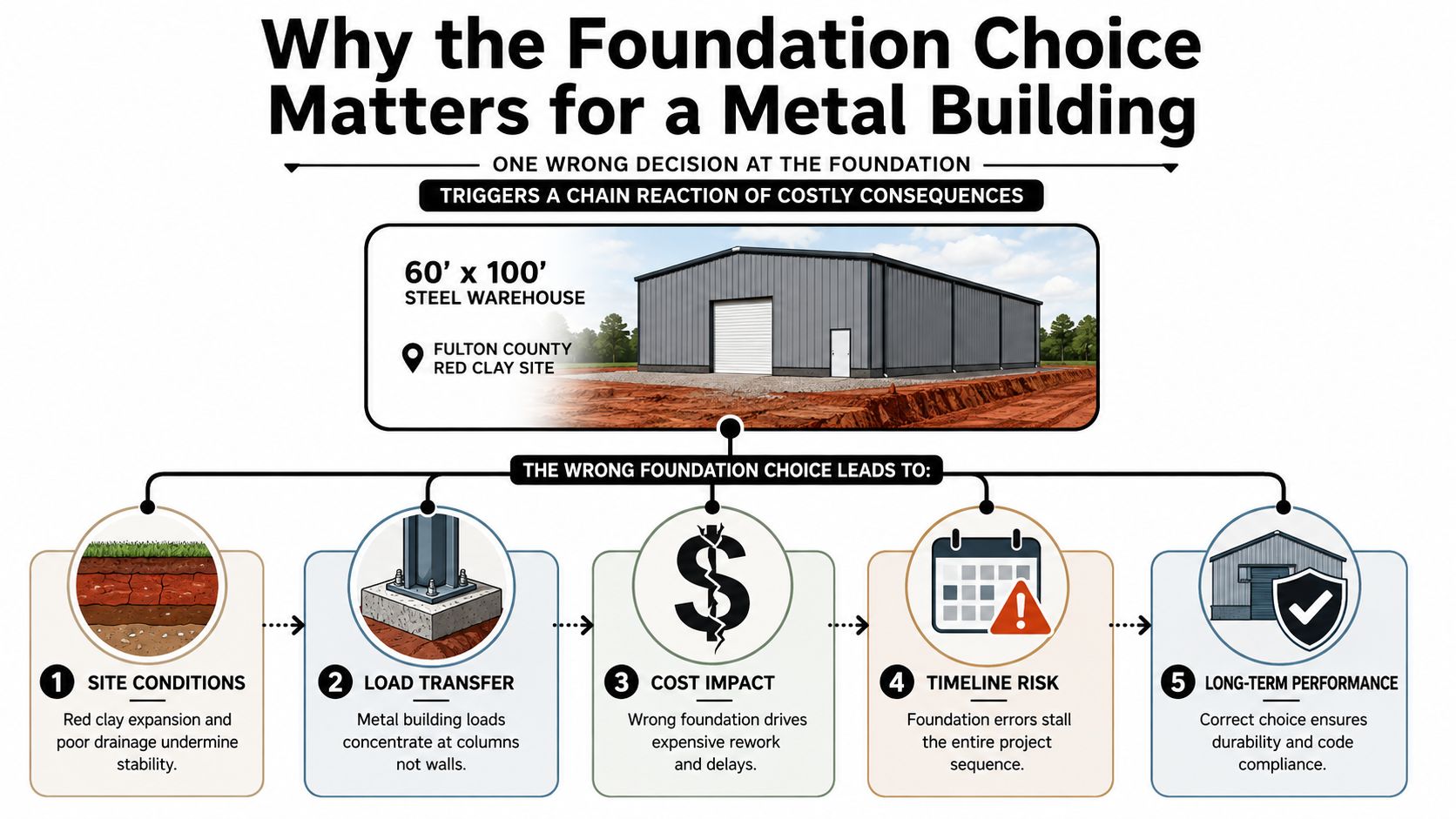 An infographic showing why foundation choice is crucial for metal building projects in difficult soil conditions.