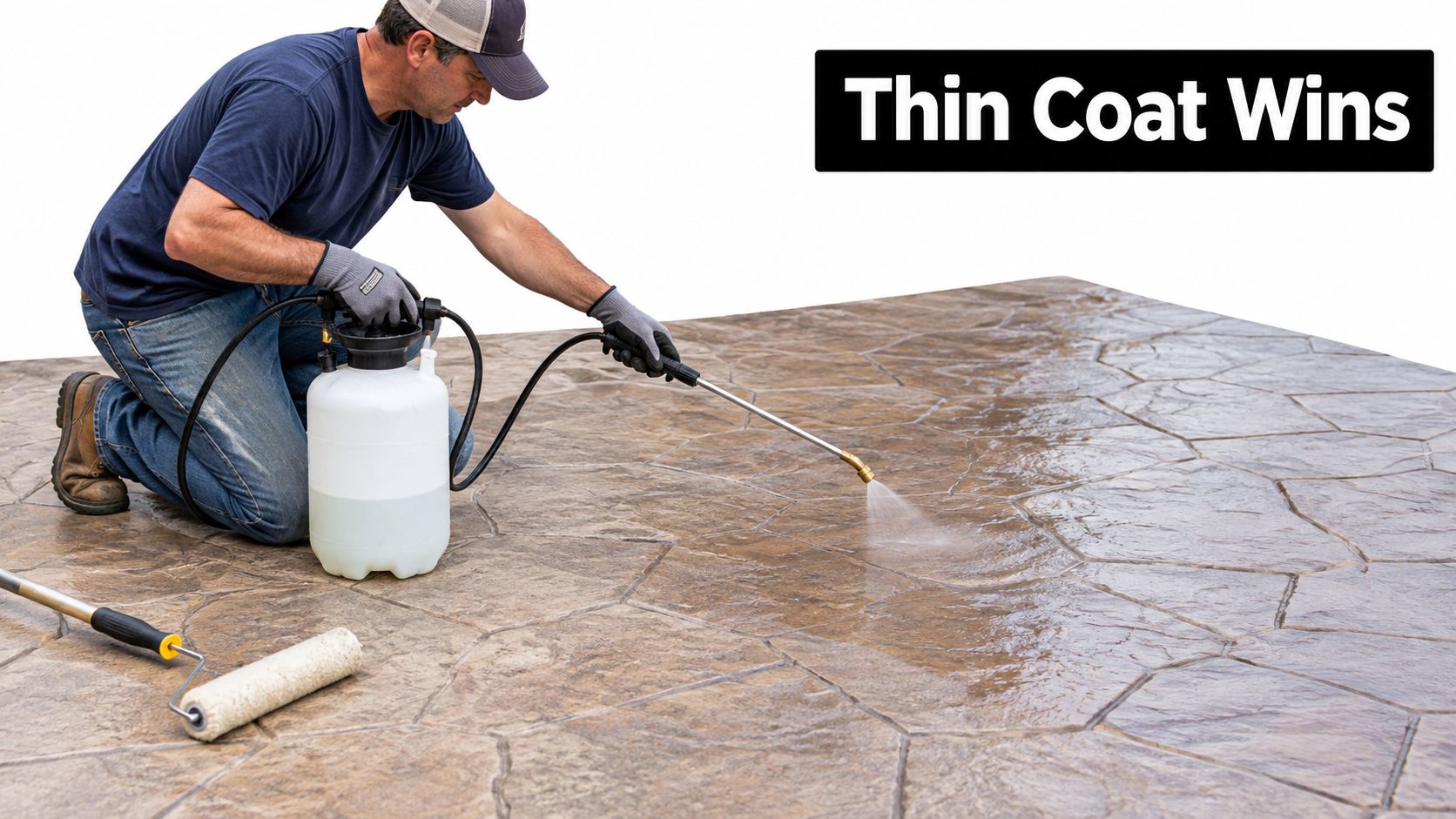A professional construction worker applying a thin, even coat of sealer onto stamped concrete using a handheld sprayer.
