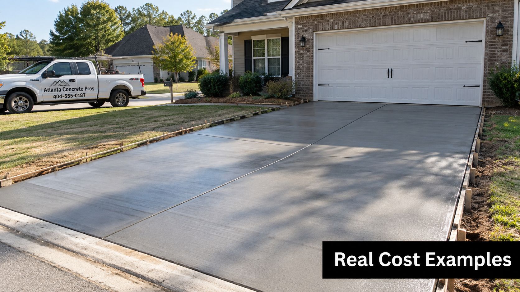 A newly poured concrete driveway in front of a modern suburban house with a work truck parked nearby.
