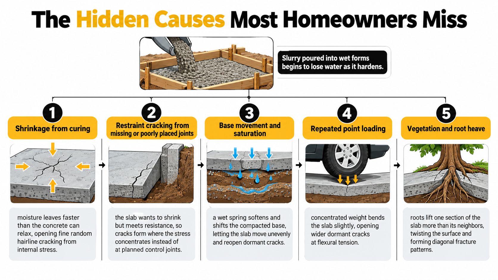 An infographic illustrating five common hidden causes of concrete slab cracking, including curing shrinkage, vegetation, and saturation.