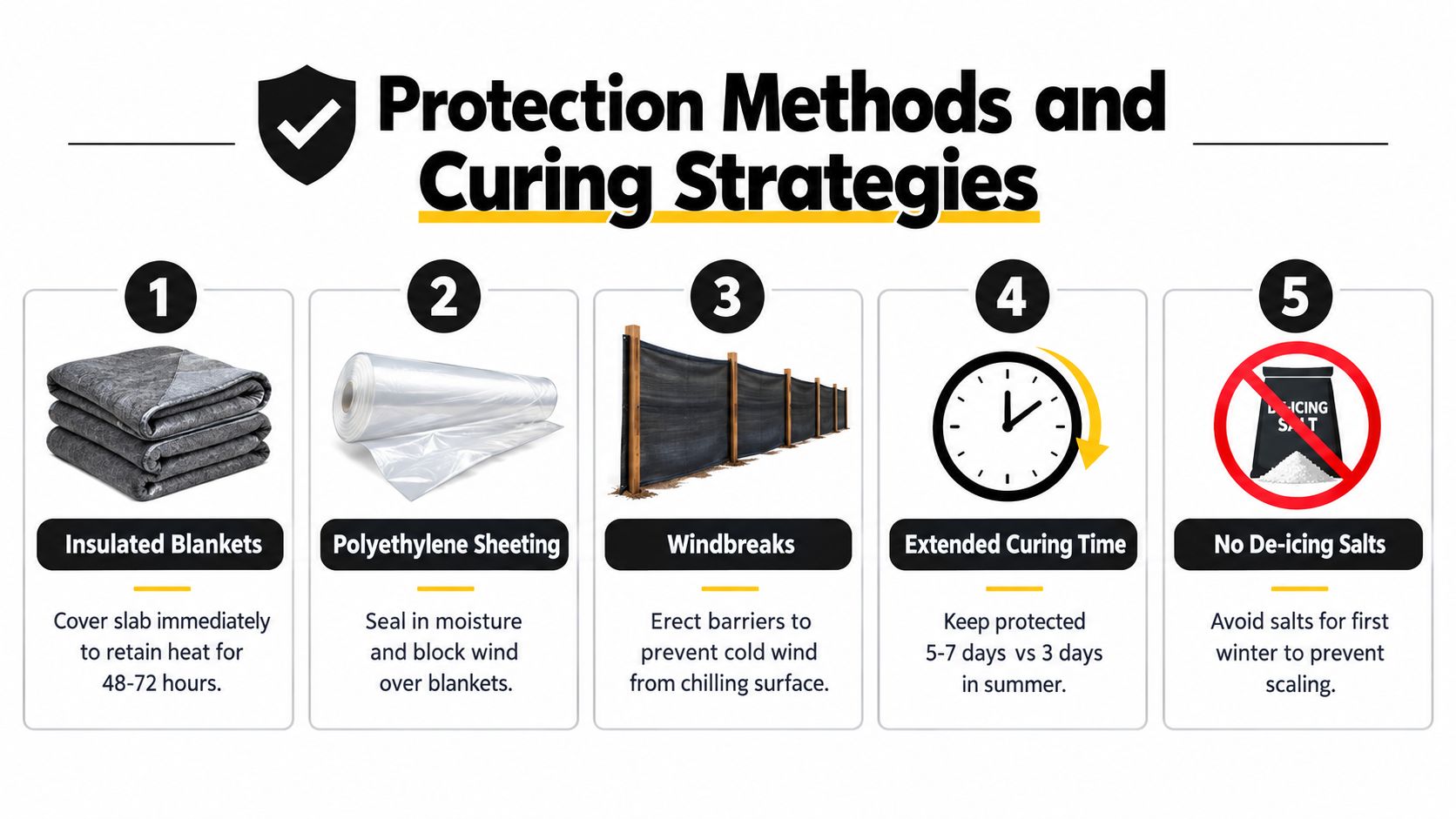 An infographic detailing five protection methods and curing strategies for pouring concrete in cold winter weather conditions.