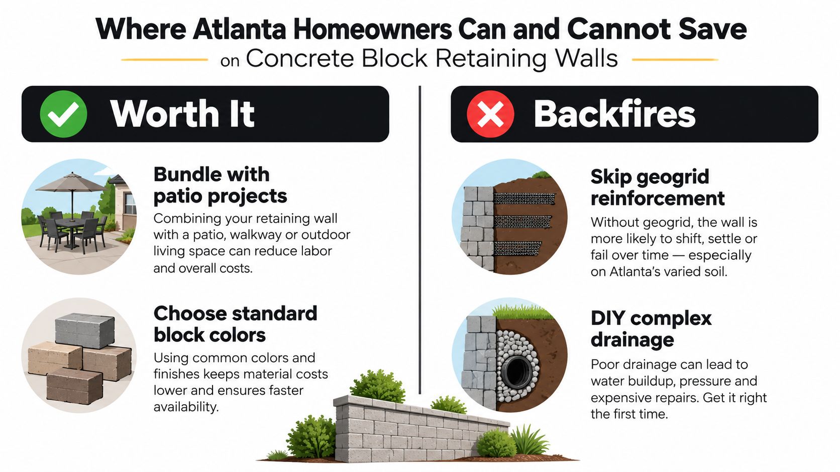 An infographic showing ways to save or lose money on concrete block retaining wall construction projects.