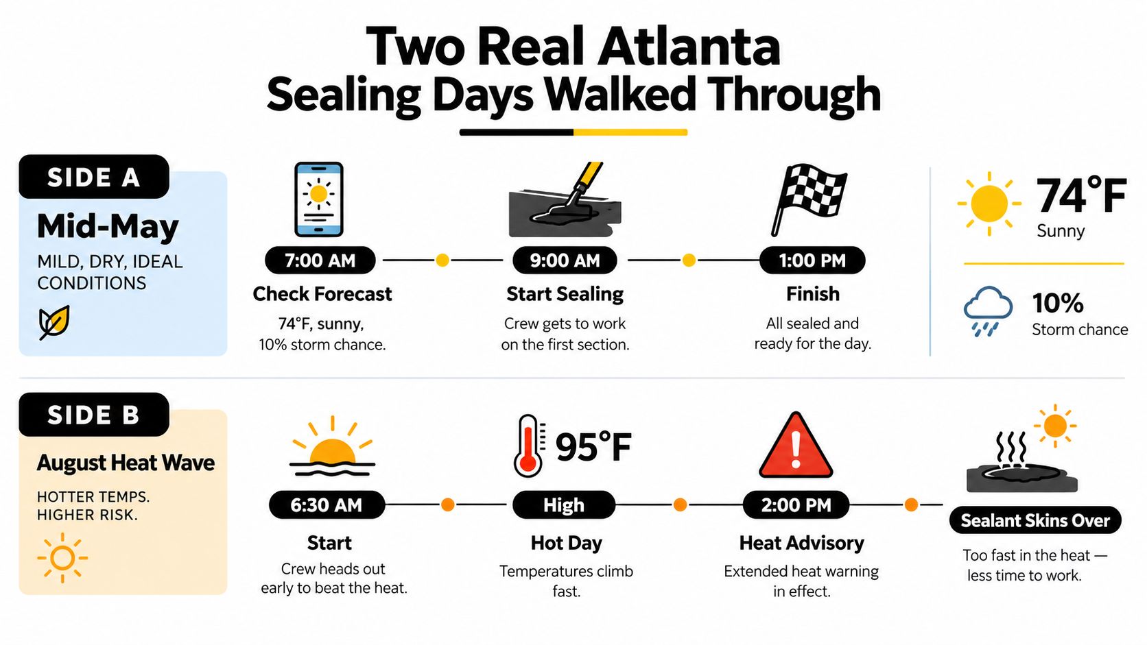 A comparison infographic showing ideal Mid-May sealing conditions versus difficult August heat wave sealing conditions in Atlanta.