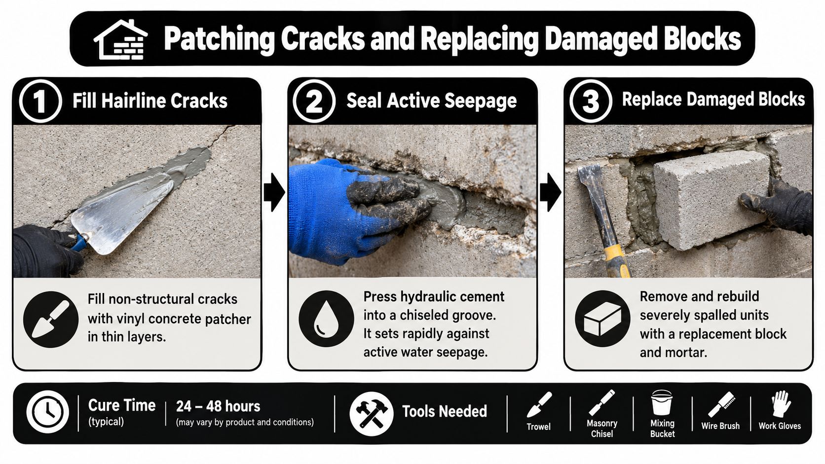 A three-step infographic showing how to patch hairline cracks and replace damaged concrete wall blocks.