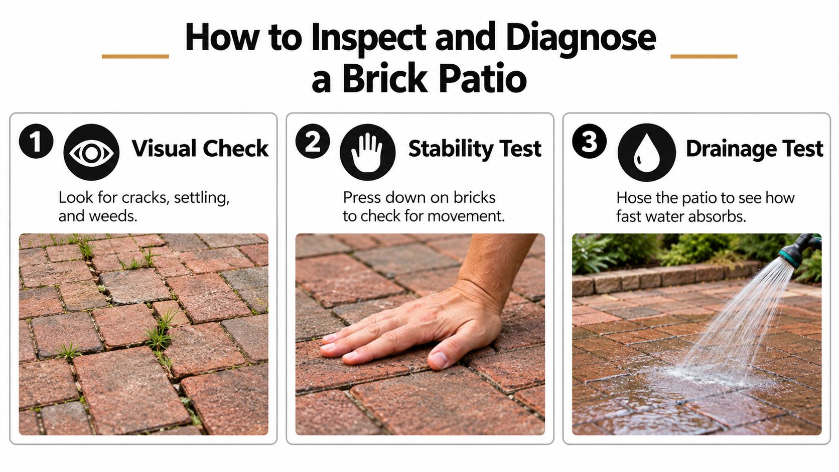A three-step guide on how to inspect and diagnose a brick patio for maintenance or repair.