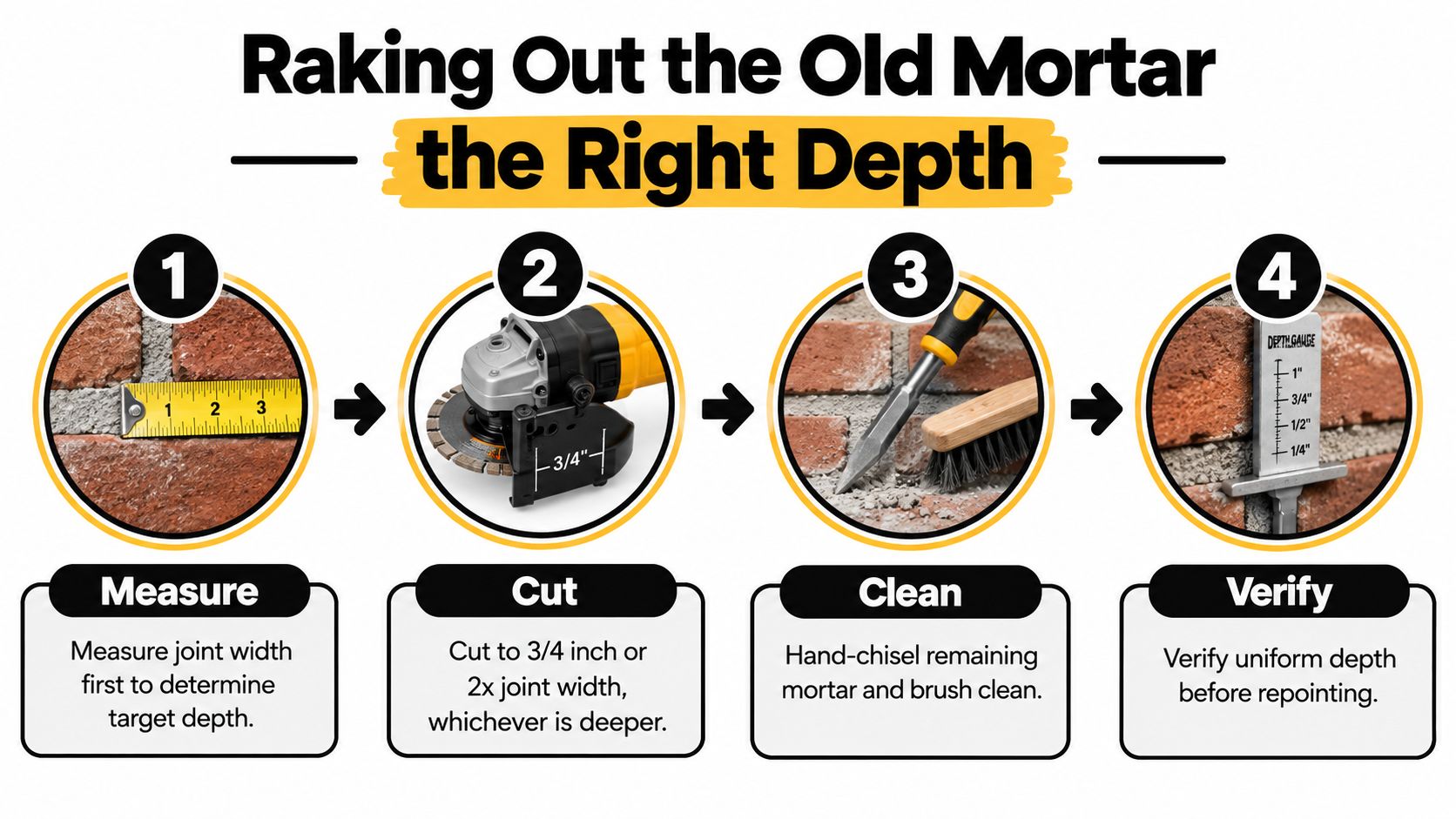 A four-step infographic illustrating how to properly rake out and prepare mortar joints for brick repair.