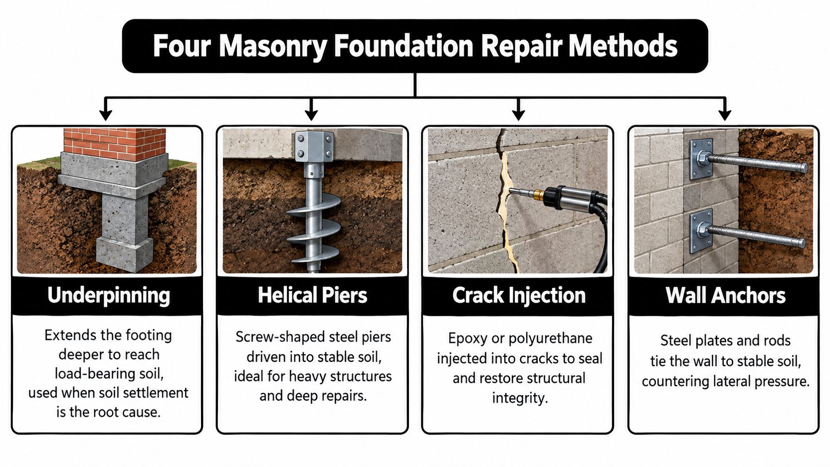 A diagram illustrating four common masonry foundation repair methods: underpinning, helical piers, crack injection, and wall anchors.