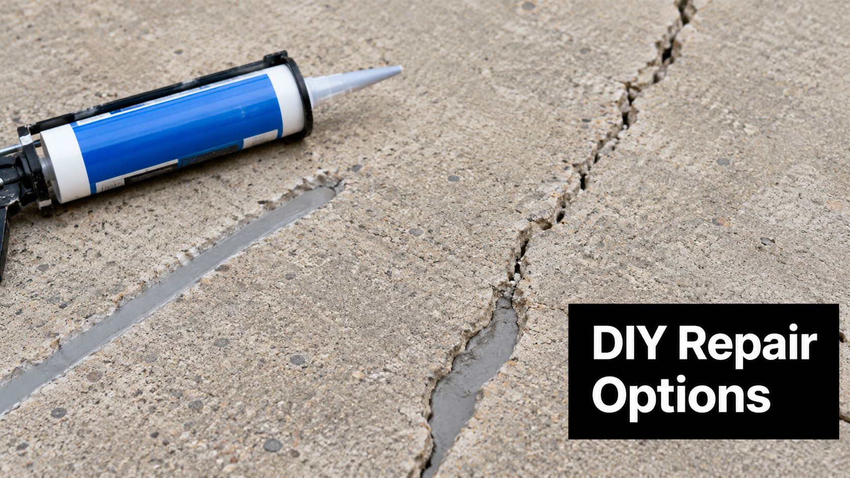 A caulk gun rests next to a crack in a concrete driveway being repaired with filler.