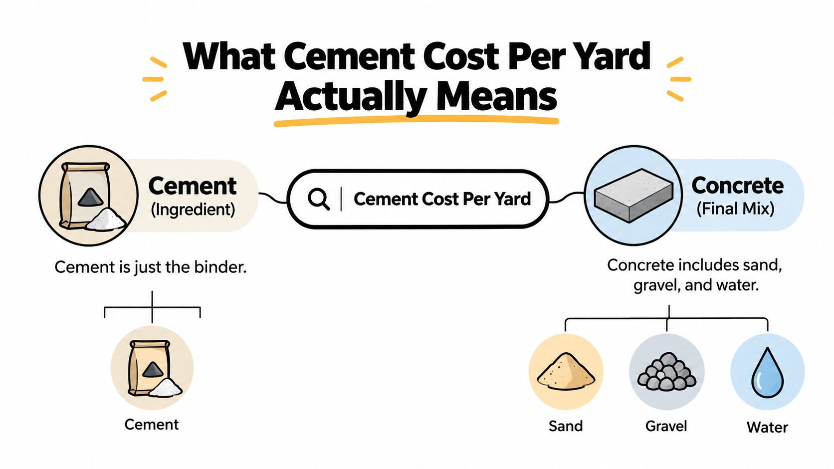 An infographic explaining the difference between cement and concrete using simple illustrations and text labels.