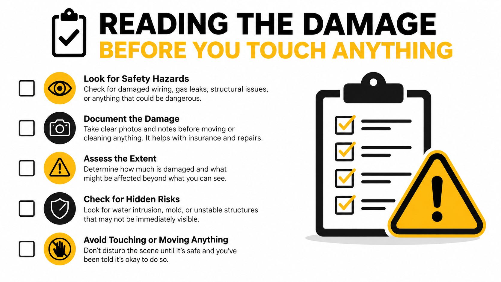 A checklist infographic titled Reading The Damage Before You Touch Anything, outlining five safety steps for property damage.