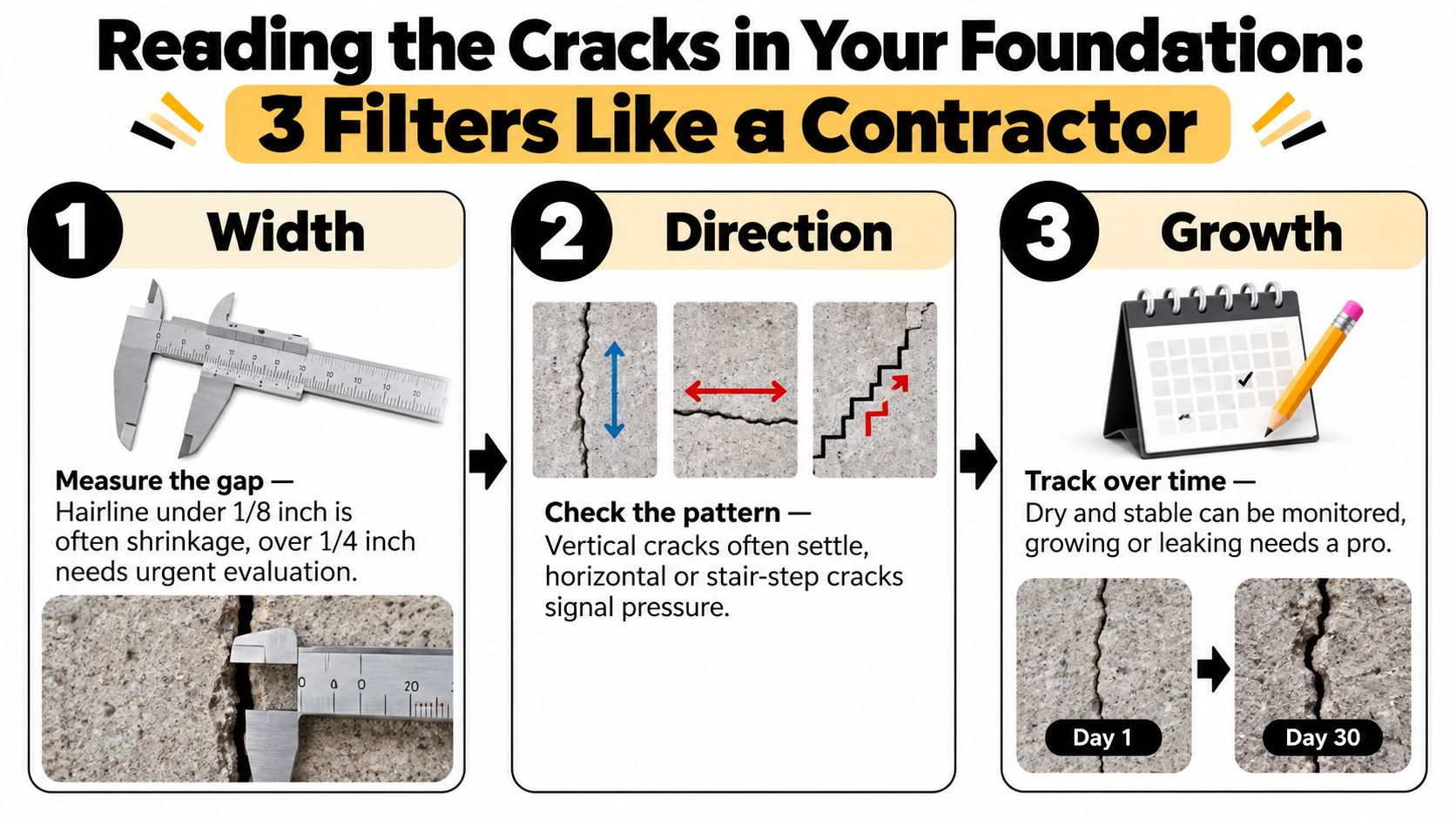 A visual guide explaining how to assess foundation cracks using width, direction, and growth tracking techniques.