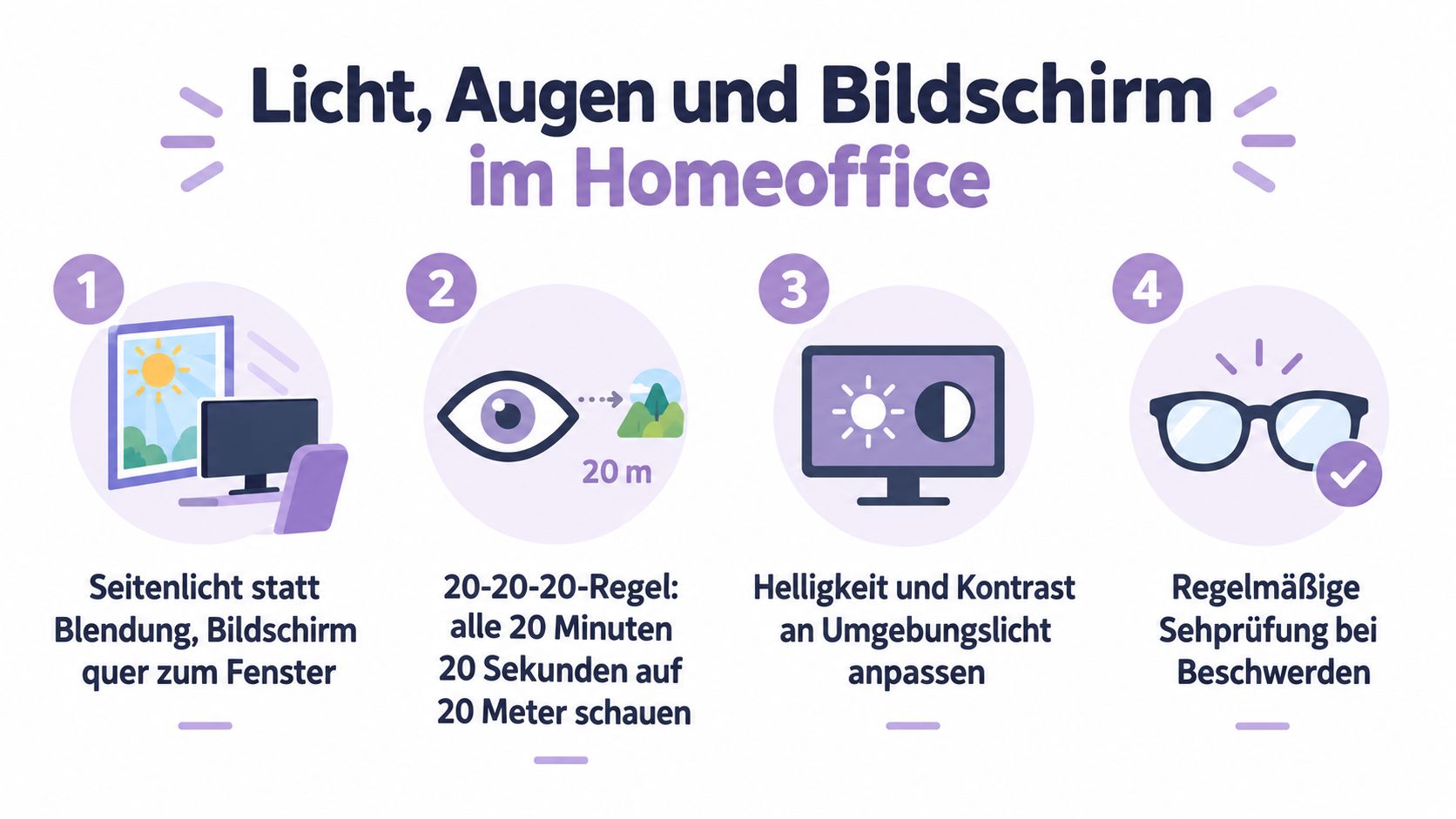Eine Infografik zur Ergonomie im Homeoffice mit Tipps für Licht, Augenpausen und Bildschirmeinstellungen zur Vermeidung von Augenbeschwerden.