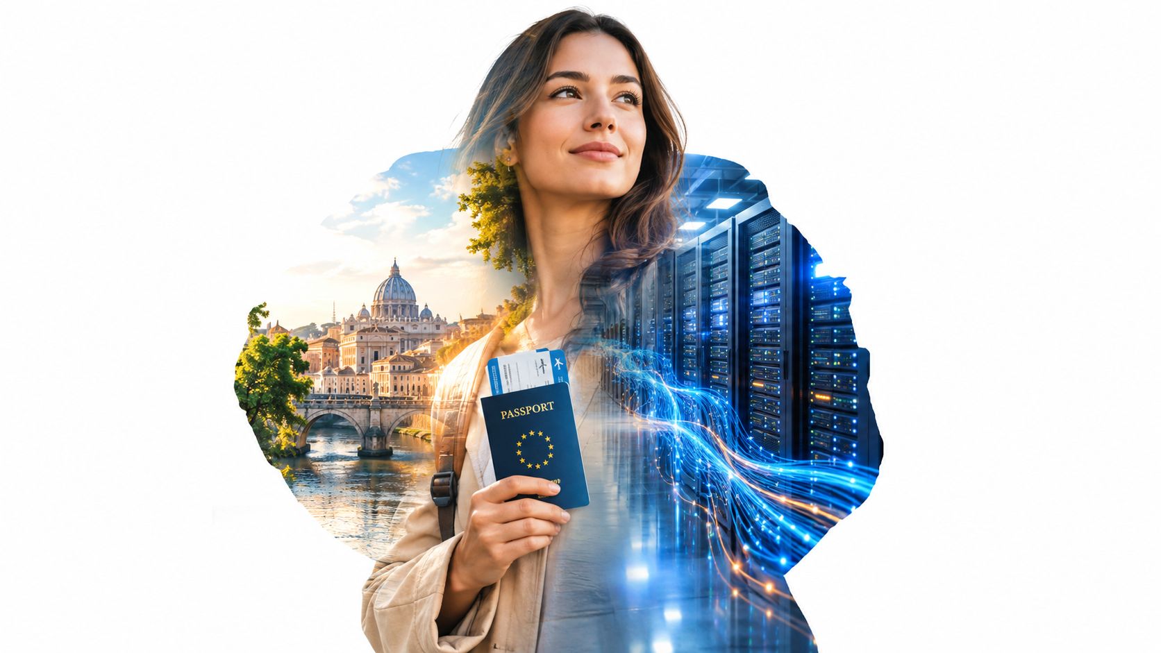 Eine Frau hält einen Reisepass vor einer Kulisse mit dem Petersdom und einem modernen digitalen Rechenzentrum.