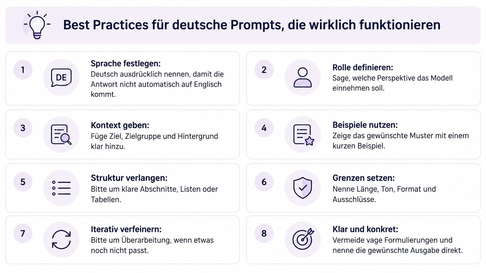 Infografik zeigt acht bewährte Strategien für die Erstellung effektiver und präziser KI-Prompts in deutscher Sprache.