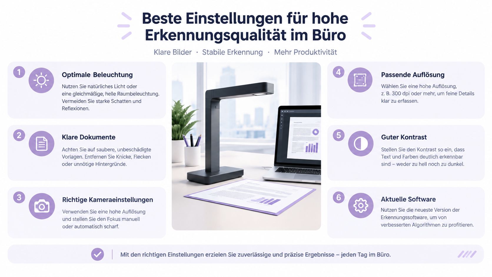 Infografik zeigt sechs Tipps für optimale Dokumentenerkennung mit einem Büro-Scanner für klare digitale Ergebnisse.