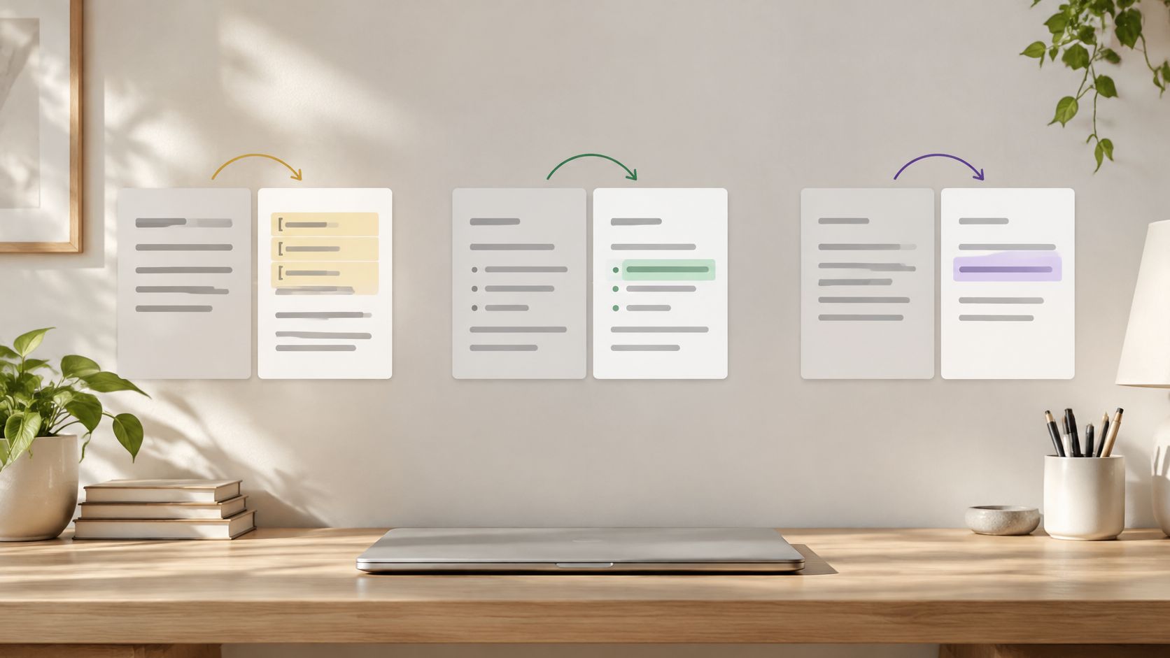 Eine Schreibtischdarstellung mit drei grafischen Vergleichen, die verschiedene Formatierungsmethoden für KI-Prompts visualisieren.