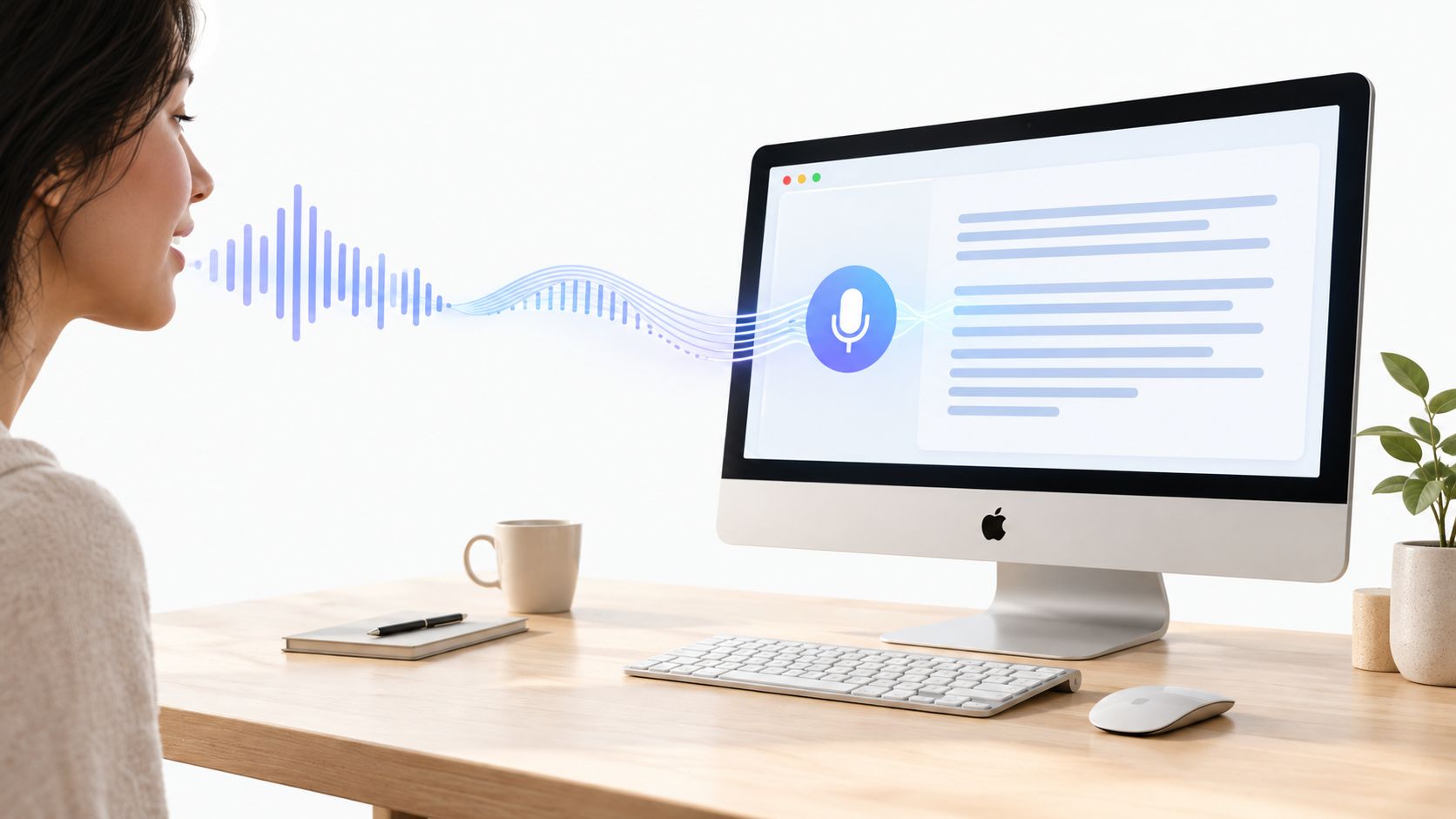Eine Frau spricht vor einem Apple Computer, wobei ihre Stimme als visuelle Schallwelle auf dem Bildschirm erscheint.