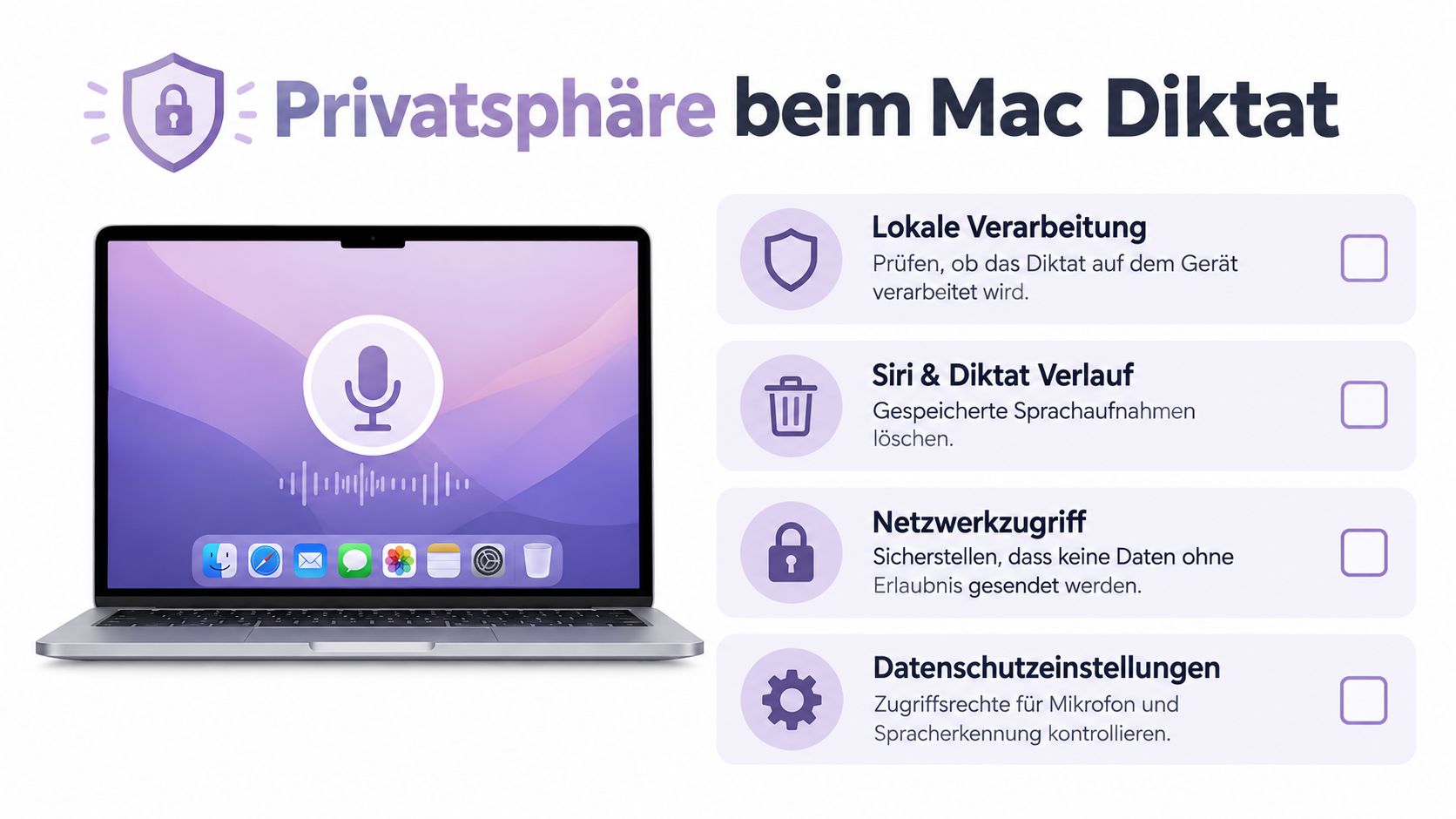 Eine Infografik zur Privatsphäre beim Mac Diktat mit Tipps zu Einstellungen für Sicherheit und Datenschutz.