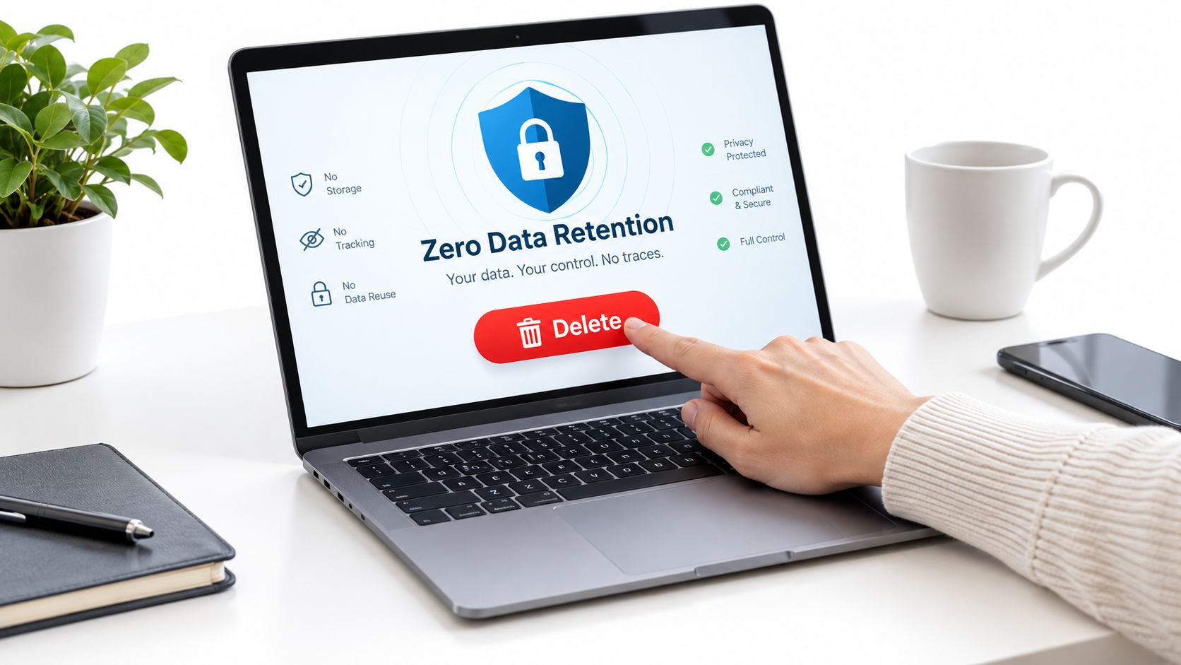 Eine Hand drückt die Löschen-Taste auf einem Laptop-Bildschirm zum Thema Datenschutz und Zero Data Retention.