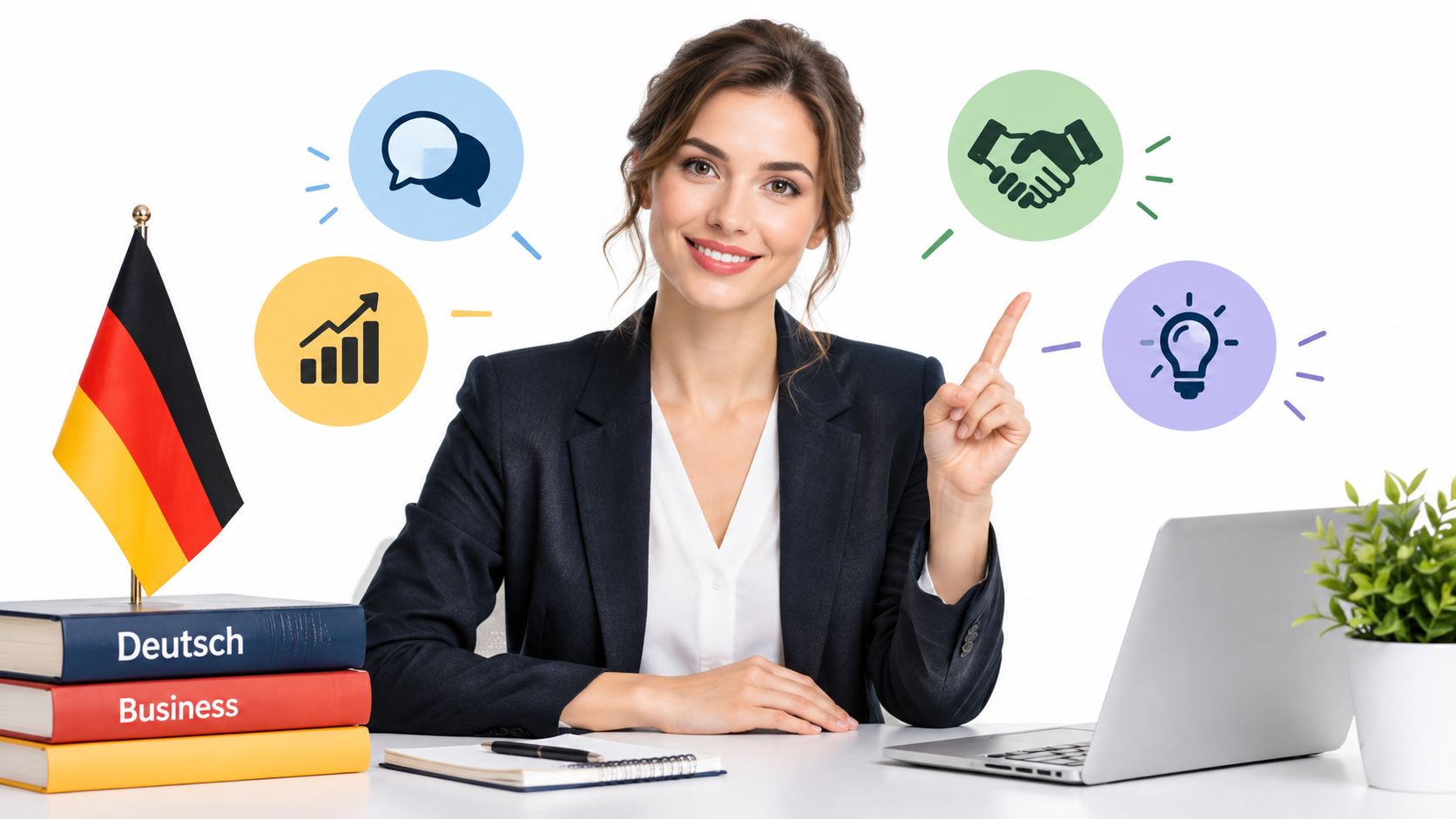 Eine professionelle Geschäftsfrau zeigt auf Symbole für Kommunikation, Wachstum, Kooperation und Innovation neben deutschen Büchern und Laptops.